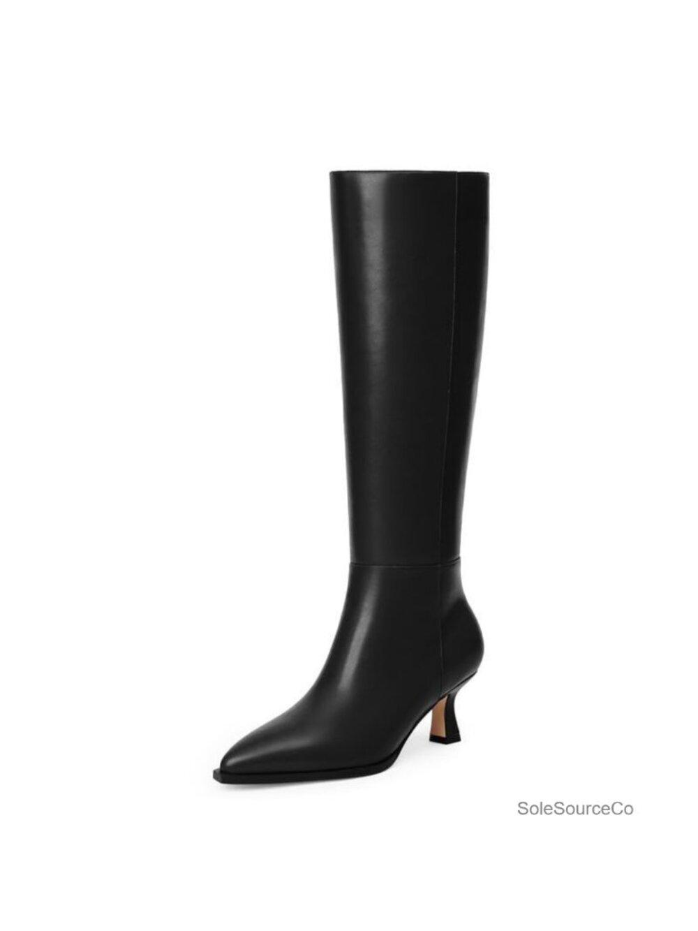 Kitten Heel Knee High Boots Faux Leather Pointed Toe Side Zip Women's